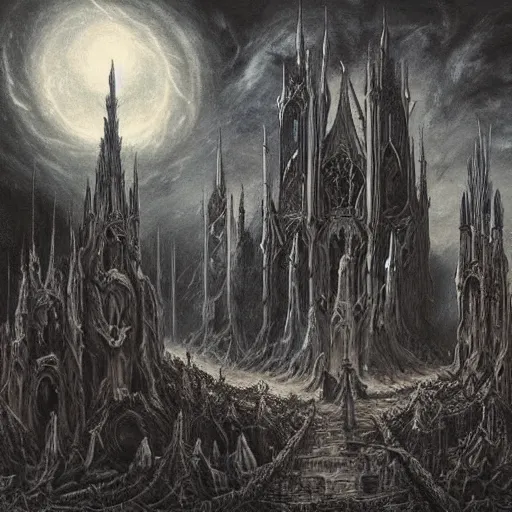 Prompt: a dark gothic castle made of skulls and bones and skeletons, tall spires, epic nebula, Dan Seagrave art