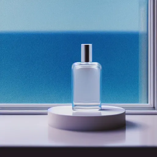 Prompt: perfume bottle on window sill in a pastel clean modern minimalist room with a view of the beach and blue skies in an easter - blue room well contoured smooth fair walls, up close shot, sharp focus, zen, clean, modern minimalist, octane highly render, 4 k, ultra hd,