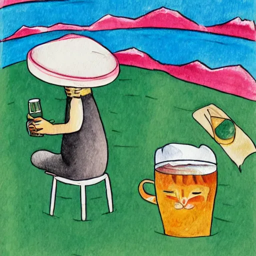 Image similar to a cat with a bucket hat and a hawaii shirt drinking a beer at an outdoor bar by the sea in stockholm, children\'s book illustration watercolor drawing