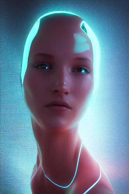 Prompt: render of a beautiful bioengineered female wearing a luminescent bodysuit in a Tron environment, reflections, focus, detailed, realistic eyes, horizontal partial symmetry body features proportions, intricate facial skin details, award winning, trending in cgsociety artstation deviant art, octane render