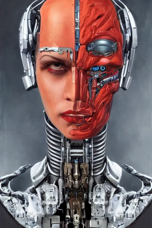 Prompt: futurist half human half robot soldier, art by leyendecker, head and shoulders portrait, blood, cyberpunk, cybernetic implants, warrior face paint, very intricate, award winning, extreme details