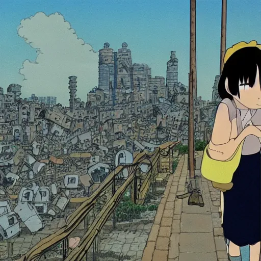 Image similar to ghost of a young girl, a burnt out city, cel shaded, studio ghibli, hayao miyazaki