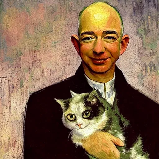 Image similar to a beautiful oil painting of jeff bezos holding a cat, 8k , award winning , made in 1800's , old , painted by vincent van gogh