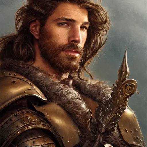 Image similar to portrait of a ruggedly handsome paladin, soft hair, muscular, half body, leather, hairy, d & d, fantasy, intricate, elegant, highly detailed, digital painting, artstation, concept art, smooth, sharp focus, illustration, art by artgerm and greg rutkowski and alphonse mucha