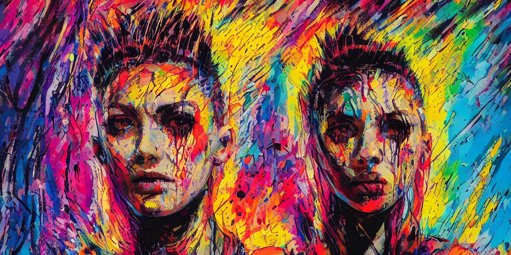 Prompt: portrait of a cyberpunk girl with a mohawk, by jackson pollock and wassily kandinsky, 4 k resolution, vivid colors, extremely detailed, dripping technique, oil paint, depth