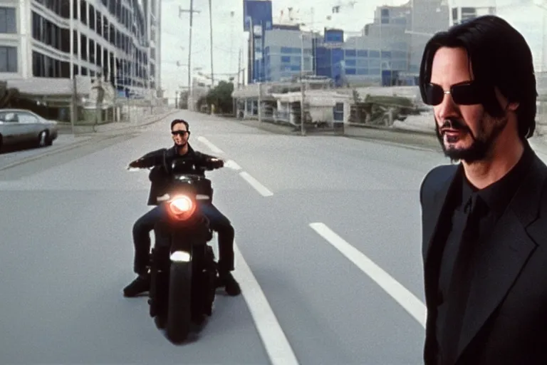 Image similar to beautiful hyperrealism three point perspective film still of Keanu Reeves as neo in bullet time aiming at agent smith in a nice oceanfront promenade motorcycle chase scene in Matrix meets ronin(1990) extreme closeup portrait in style of 1990s frontiers in translucent porcelain miniature street photography fashion edition,, tilt shift style scene background, soft lighting, Kodak Portra 400, cinematic style, telephoto by Emmanuel Lubezki