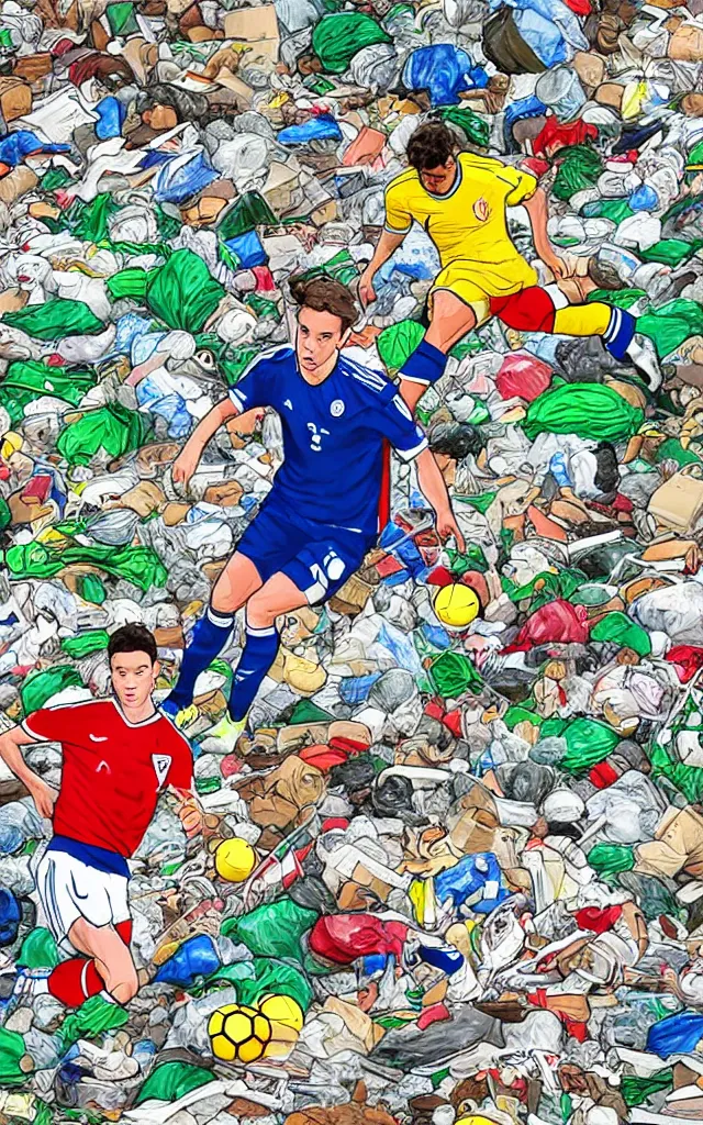Prompt: poorly drawn soccer player surrounded by trash