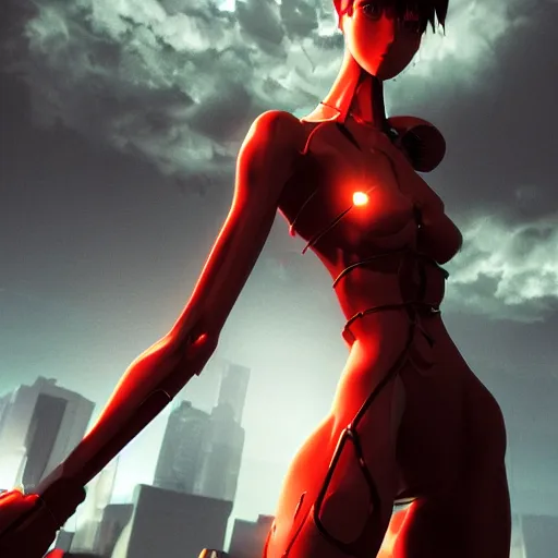 Image similar to cyberpunk evangelion angel invaders dramatic dark background k path traced high definition detailed artstation realistic trending dramatic lighting light and dark contrast