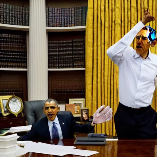 Image similar to photo of president obama in the oval office fighting a man dressed in a swiss cheese costume