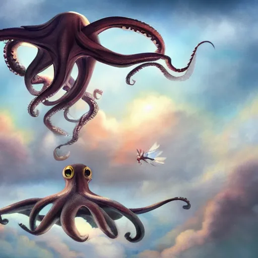 Prompt: flying octopus among clouds fantasy illustration, trending on artstation, deviantart, very realistic, 4k