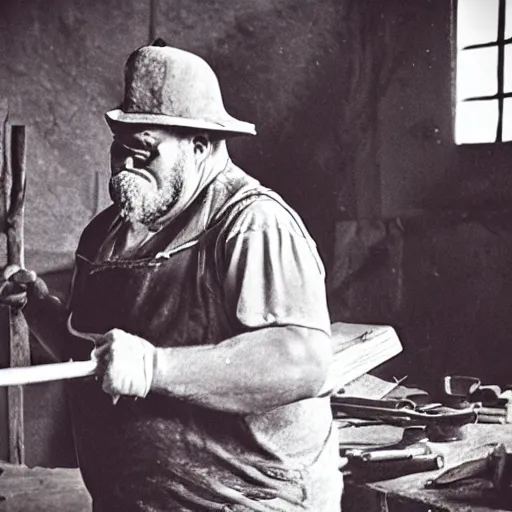 Prompt: blacksmith making a pickaxe with shrek in the backrooms, film grain,