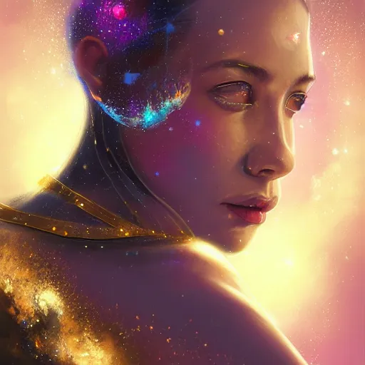 Image similar to Portrait of a cosmic goddess, suit made of stars, galaxy and nebulas, intricate, cinematic lighting, highly detailed, digital painting, artstation, concept art, smooth, sharp focus, illustration, art by Artgerm and Greg Rutkowski, Cgsociety