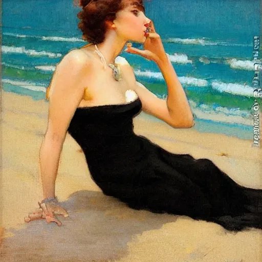 Image similar to woman on the beach, black dress, part leyendecker style, part dean cornwell style