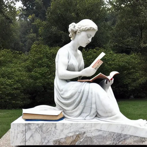 Image similar to marble statue of woman reading a book, outdoors