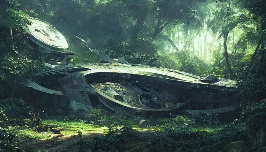 Prompt: a beautiful painting of a crashed starship enterprise in a lush jungle, ray traced lighting by kalin popov and greg rutkowski