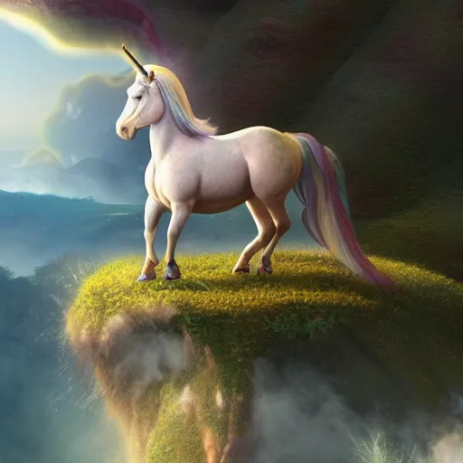 Prompt: a iridescent unicorn looking off a cliff that shows a covered in toxic smog, ultra realistic, concept art, intricate details, highly detailed, photorealistic, octane render, 8 k, art by boris vallejo