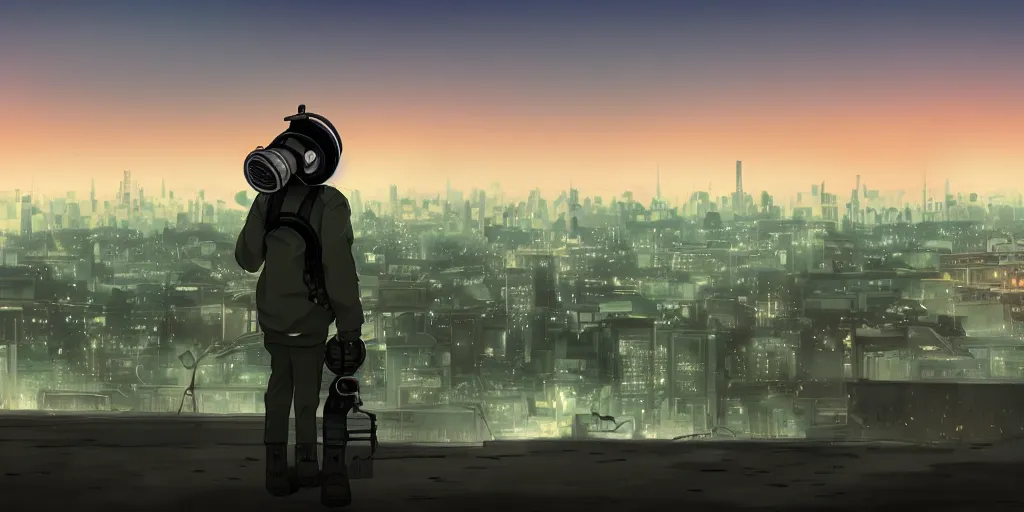 Image similar to A Guy with gas mask on top of a car looking at the city in the distance horizon, Digital art, Anime Style, Cinematic, Stalker Style, Post apocalypse