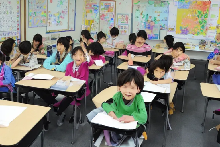 Prompt: 8 0 - year old female teacher is teaching in classroom with few young students, illustrated by yoji shinkawa