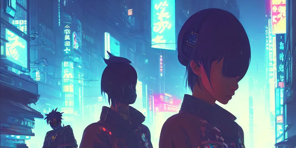 Image similar to digital illustration closeup portrait of cyberpunk samurai in city street at night by makoto shinkai, ilya kuvshinov, lois van baarle, rossdraws, basquiat | afrofuturism, in the style of hearthstone, trending on artstation | cool color scheme