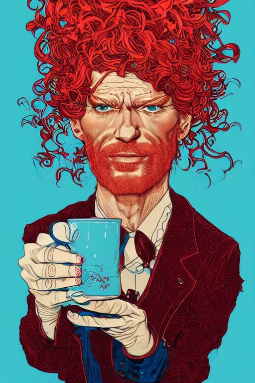 Prompt: 1 9 8 9 portrait of a red head man serving coffee. highly detailed masterpiece art by josan gonzalez.