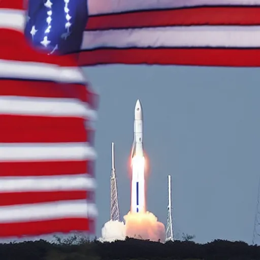 Image similar to The Space Launch System rocket in flight, eclipsed by the American Flag in the foreground, photorealistic