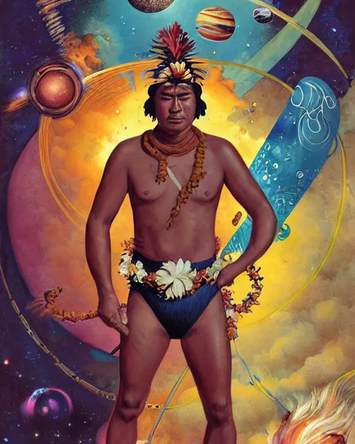 Prompt: duke kahanamoku as a hawaiian warrior surrounded by intergalactic planets connected by streams of magical flow, sigma male, gigachad, visually stunning, luxurious, by james jean, jakub rebelka, tran nguyen, peter mohrbacher, yoann lossel