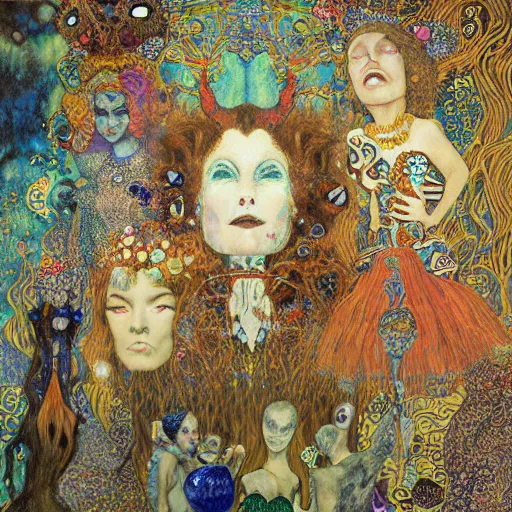Prompt: princes of hell in alice in wonderland tripping on ayahuasca with faces in the background, intricate detail, painting, klimt, royo, frazetta, whealan,