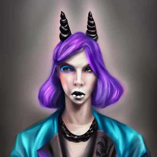 Image similar to Beautiful portrait digital painting, oil painting, anthro anthropomorphic unicorn androgynous , at a lake anarchist anarcho-punk Punk Punk outfit. furaffinity, artstation