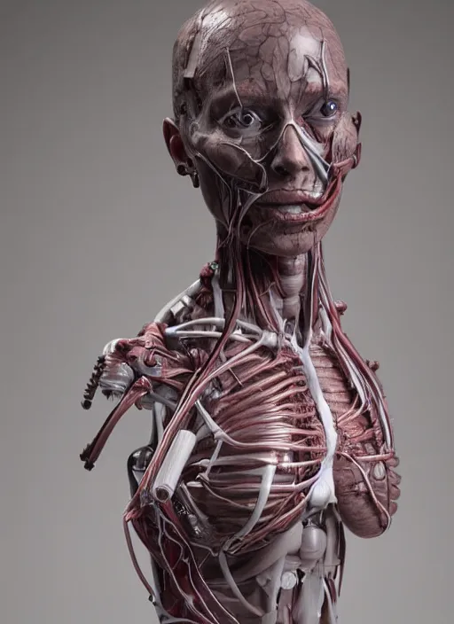 Prompt: a bust sculpture of anatomical female detailed cyborg, veins, ceramic base, orthographic, studio lighting