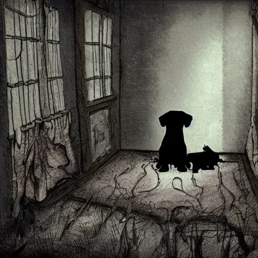 Prompt: dog in creepy scary nightmare atmosphere, realsitic