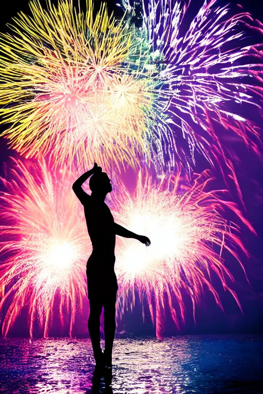 Image similar to ravers standing in water with fireworks in background, full body, silhouette, reflection in water, volumetric lighting, golden ratio, backlit