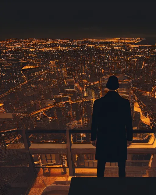 Prompt: a realistic rendered night rooftop scene, neon lights in the city below, close up shot of a photorealistic gangster wearing a trench coat looking at the city below, dark mood, octane render, unreal engine, raytracing