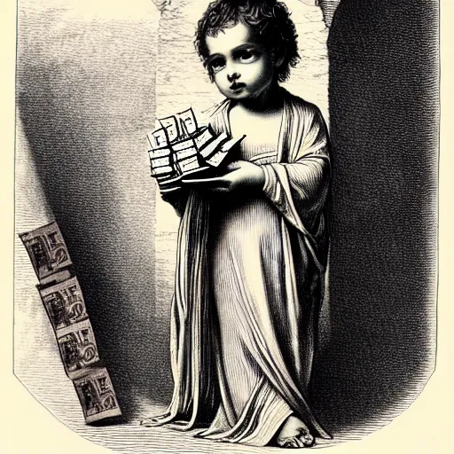Prompt: lil baby holding stacks of cash, biblical image, style of gustave dore, highly detailed, beautiful, high contrast, black and white