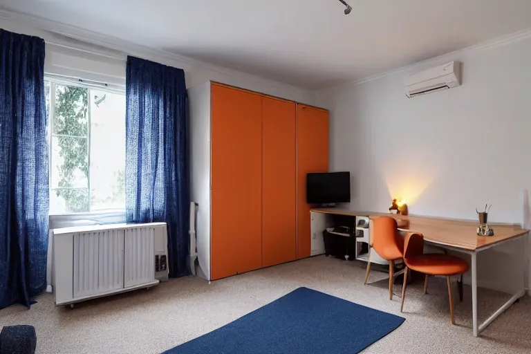 Prompt: a 10 by 11 foot room with a bed, big desk, two wooden wardrobes, a little side table in a light wood veneer, a window, desk fan, table light, and an old boxy TV carpeted with navy blue low pile carpet with a ceiling fan gives off a dim orange light, Ultra realistic