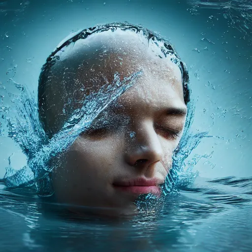 Image similar to spilling water creating a human head out of water, on the ocean water, ray tracing, realistic water sharp focus, long shot, 8 k resolution, cinematic, amazing water art