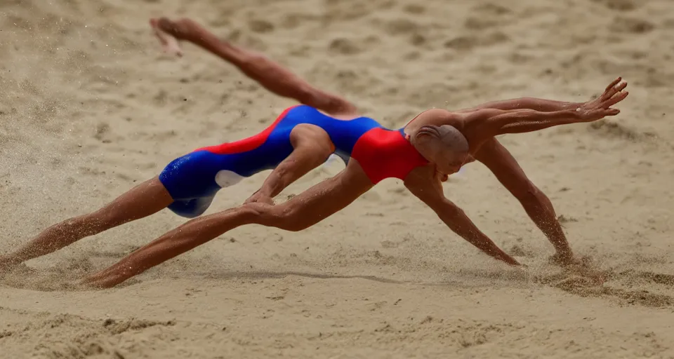 Image similar to olympic swimming in sand instead of water, extremely coherent, motion blur