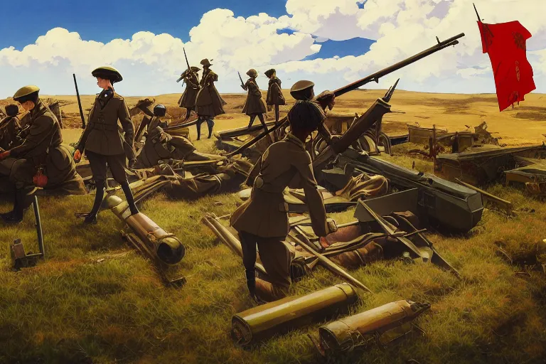 Image similar to anime key visual depicting the horrors of the 1 9 1 8 great war, anime maids riding early tanks, matriarchy, old bolt action rifles, biplanes in the sky, blood anguish terror death, style of jamie wyeth james gilleard edward hopper greg rutkowski acrylic painting, preserved museum piece, historical