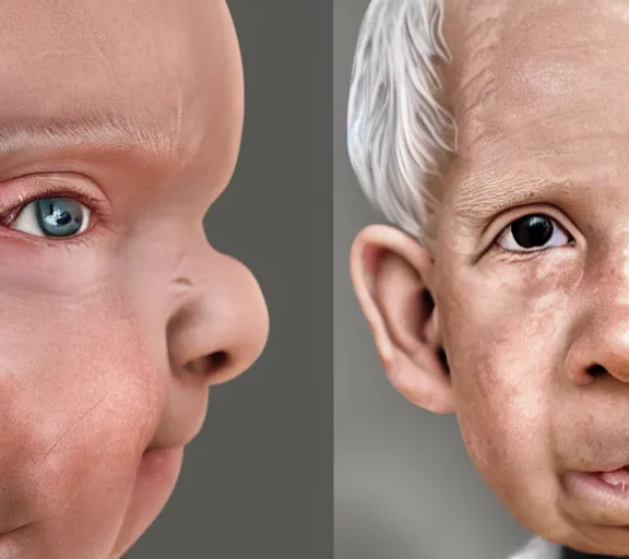 Image similar to a 4 year old boy with old wrinkly skin, wrinkly forehead, looking old, old skin, lots of wrinkles, age marks, old gray hair, very old, young kid, 4 years old, very young, portrait photo, head shot, concept art, highly detailed