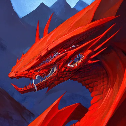 Prompt: red dragon close up by greg rutkowski, drark, marvel comics, dark, plutus su and chris scalf and lucas graciano and billy christian, symmetrical, mountains, red and gold color palette, painting, d & d, fantasy, detailed, realistic, complimentary colors, light, artstation, cinematic, dramatic lighting, close up, storm clouds, hudson river school