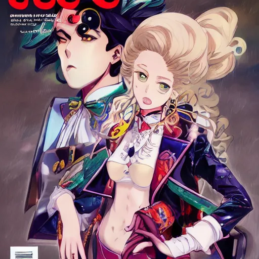 Image similar to Magazine Cover Anime key visual of a Gucci girl; official media; typography; drawn by Hirohiko Araki; Jojo's Bizarre Adventure; Jojolion, portrait, made by Stanley Artgerm Lau, WLOP, Rossdraws, James Jean, Andrei Riabovitchev, Marc Simonetti, Yoshitaka Amano, ArtStation