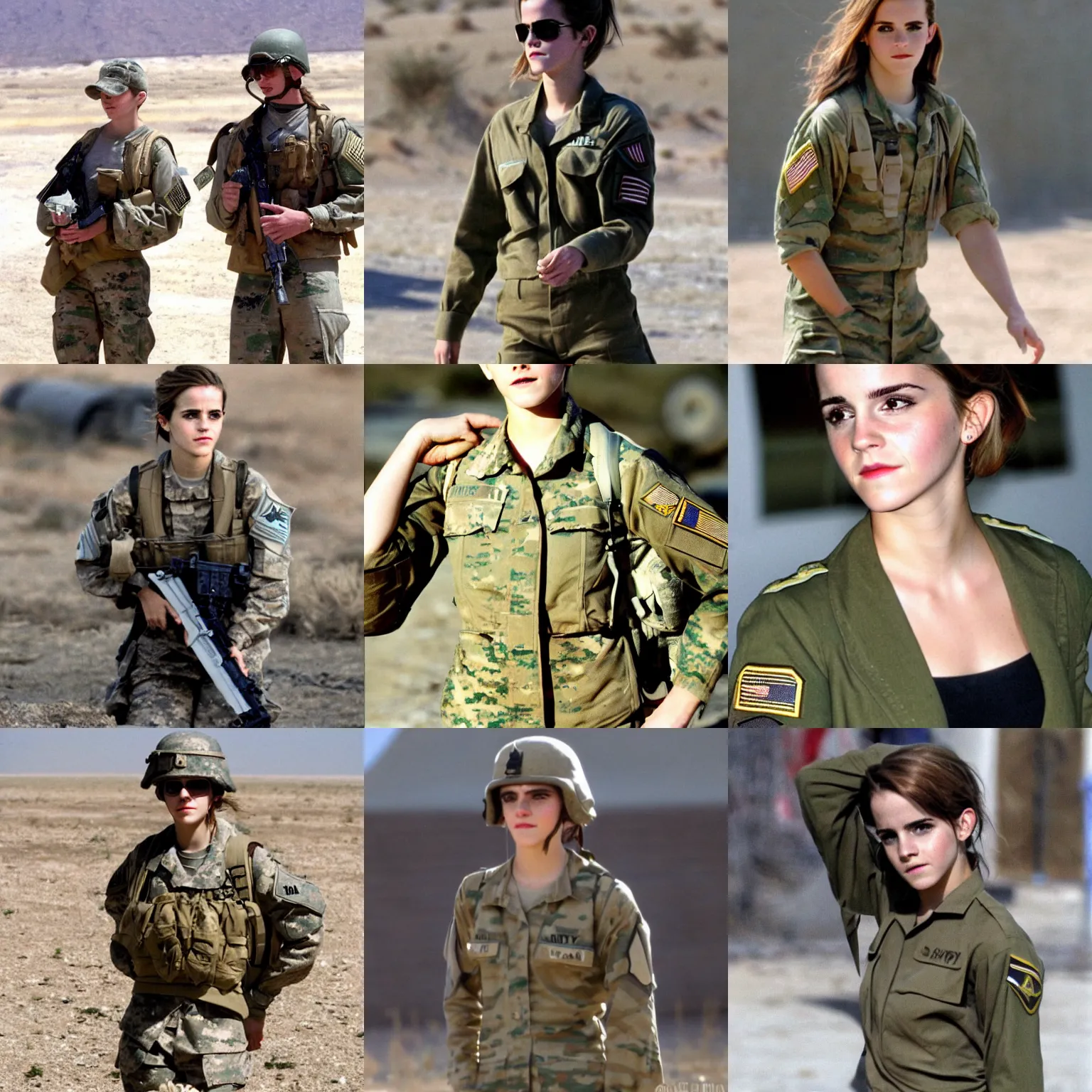 Prompt: emma watson in us army fatigues, operation desert storm photos