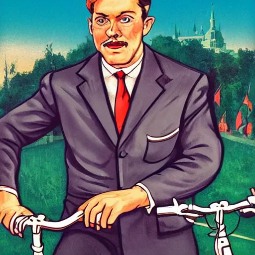 Image similar to portrait of mayor of budapest gergely karacsony riding a bicycle in summer shirt, soviet propaganda poster, hungarian flag in the background, colored, artgerm, highly detailed