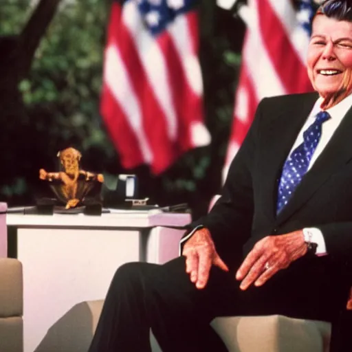 Image similar to [ ronald reagan sitting in chair next to tiger ]