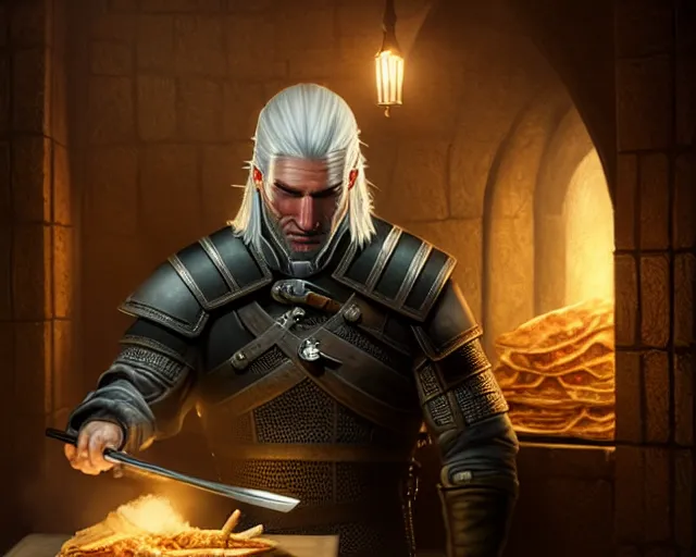 Image similar to 5 5 mm portrait photo of geralt of rivia serving shawarma, in kaer morhen. dark atmosphere. art by greg rutkowski. highly detailed 8 k. intricate. lifelike. soft light. nikon d 8 5 0.