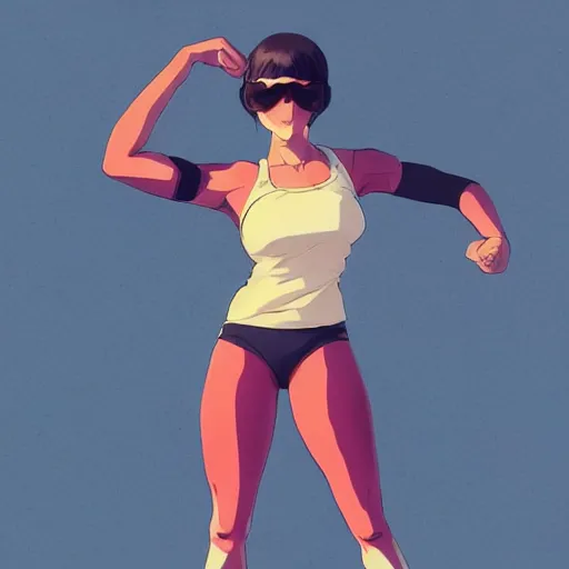 Prompt: anime style, realistic lighting, realistic anatomy, solid colors, made by ilya kuvshinov and greg rutkowski, safebooru, from overwatch, portrait of female beach volley player, standing pose, futuristic glasses lenses, sport clothing, simple background