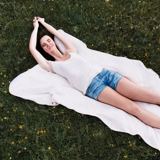 Prompt: an beautiful oil painting of a white pale woman lying on her side on a picnicking blanket surrounded by grass and sleeping dogs