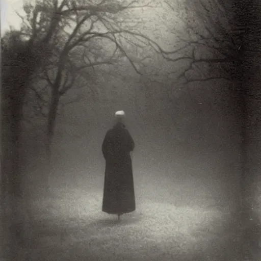 Prompt: a woman soul looking at his grave, night, fog, 1 9 0 0's photo