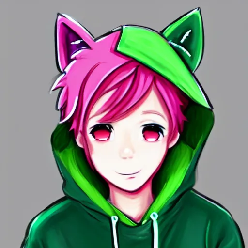 Prompt: cute young anime man with pink hair and pink wolf ears wearing a collar and a green hoodie, artstation