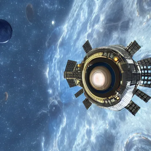 Prompt: a space station in front of a wormhole