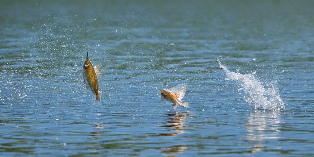 Prompt: a fish jumping out of a beautiful lake with great nature around it, and waves in the water, akria toyama